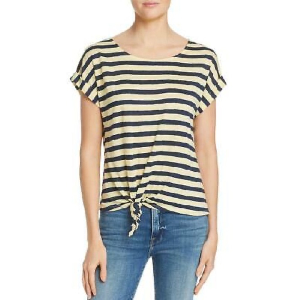 FRAME tie-up linen t-shirt in blue yellow stripe